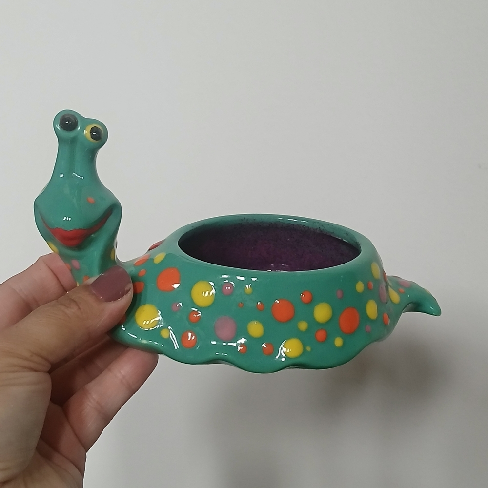 Vintage Cheerful Whimsical Ceramic Pottery Snail Planter Trinket Dish
